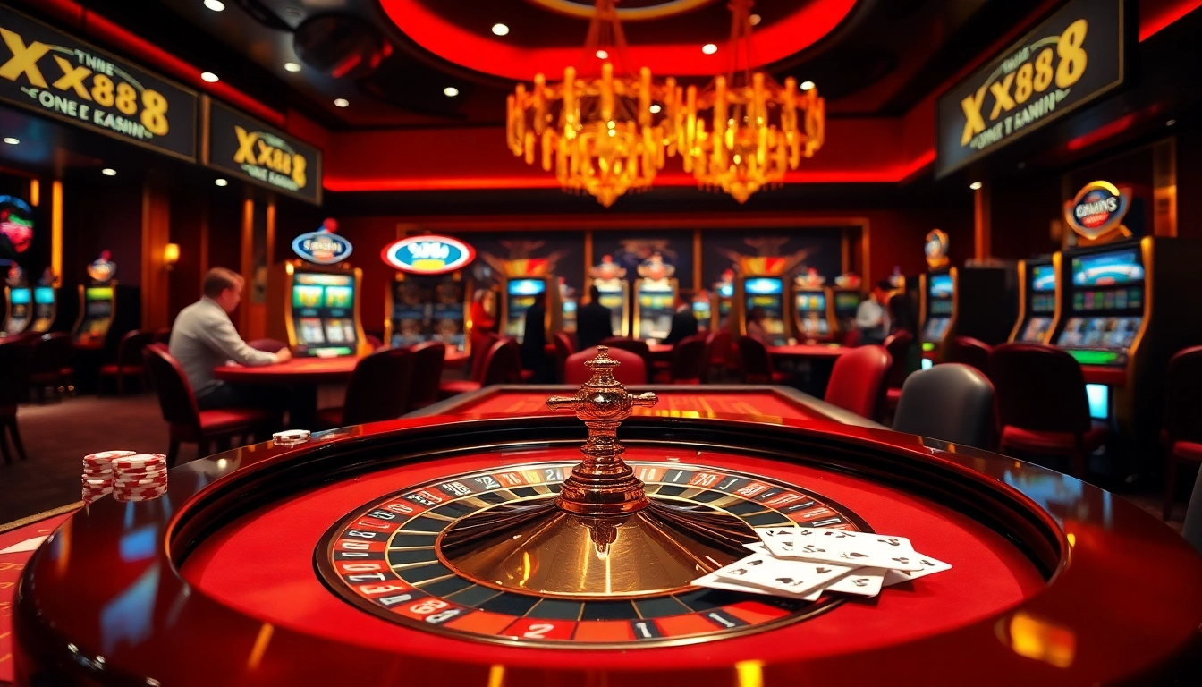 Gambling enthusiasts engaging at the XX88 luxury casino table, surrounded by excitement and elegance.