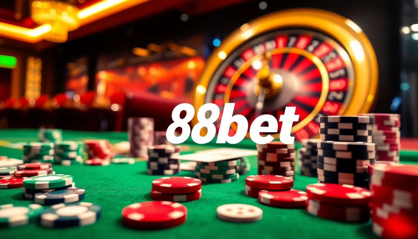 Experience excitement at 88bet with vibrant casino games, cards, and poker chips.