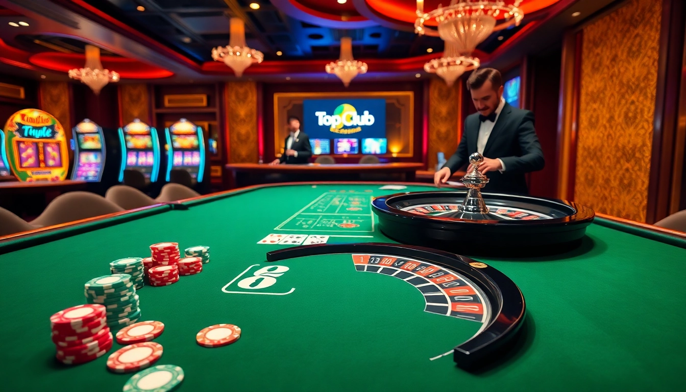Experience vibrant gameplay at https://topclub.site/, with dealers and poker chips in an upscale casino setting.