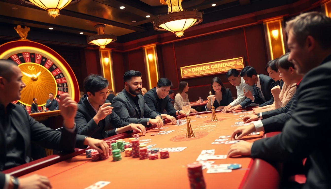 Players engaged in high-stakes poker at GG88 casino, showcasing excitement and vibrant casino atmosphere.