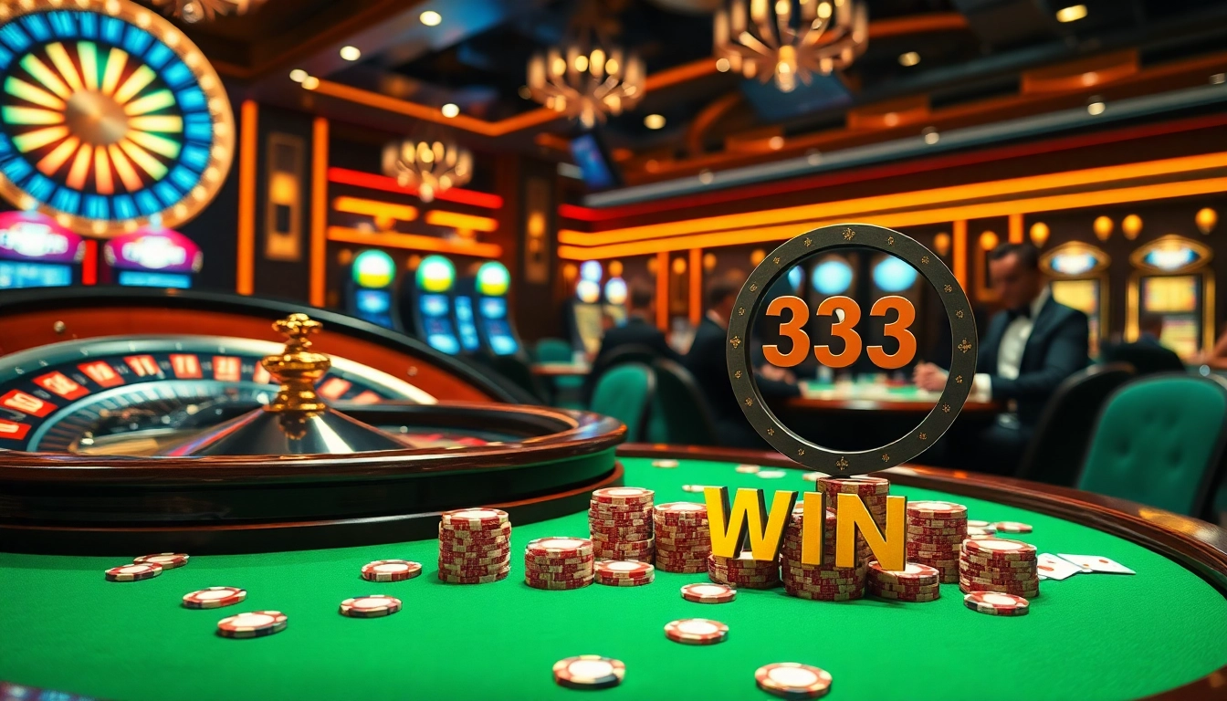 Experience the excitement of 33WIN at a luxurious casino, featuring roulette and poker tables.