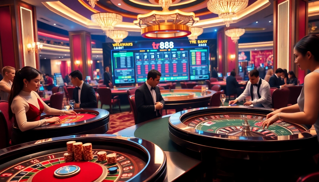 Experience thrilling gameplay with tr88 đăng nhập at a luxurious casino table filled with vibrant chips and cards.