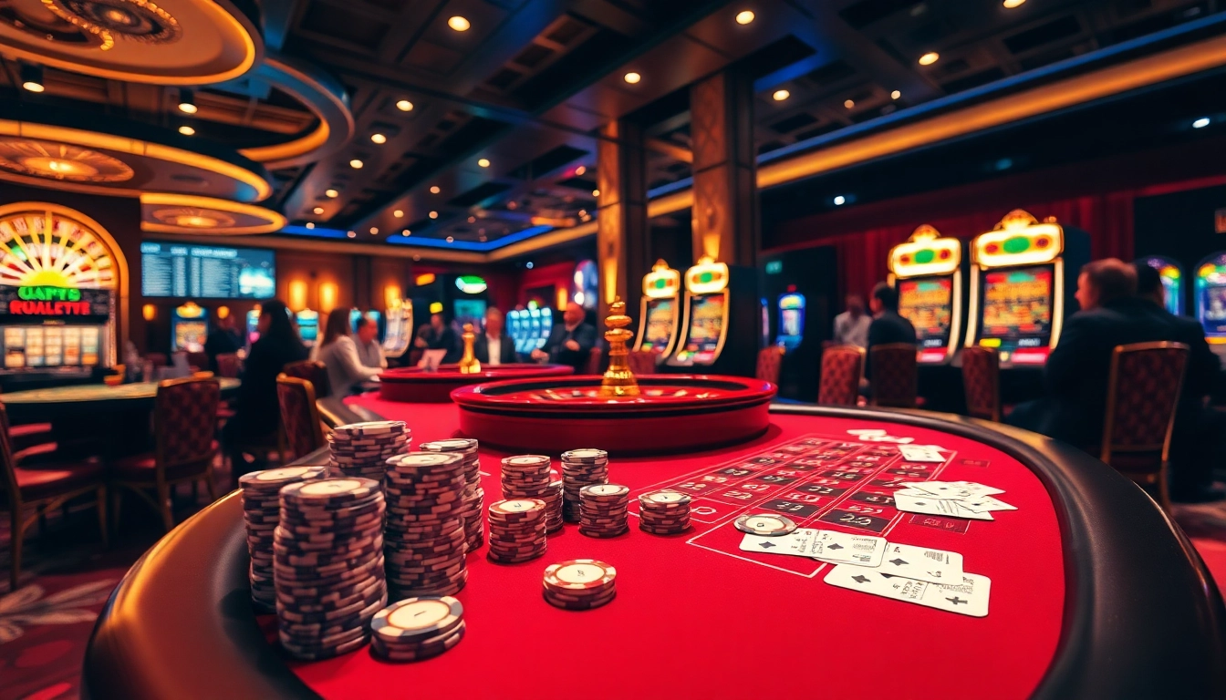 Engage with the excitement of cwin at a luxurious casino, showcasing poker tables and roulette wheels.