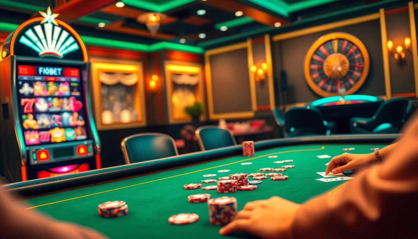Experience the thrill of F8Bet gambling with vibrant casino tables and engaging gaming elements.