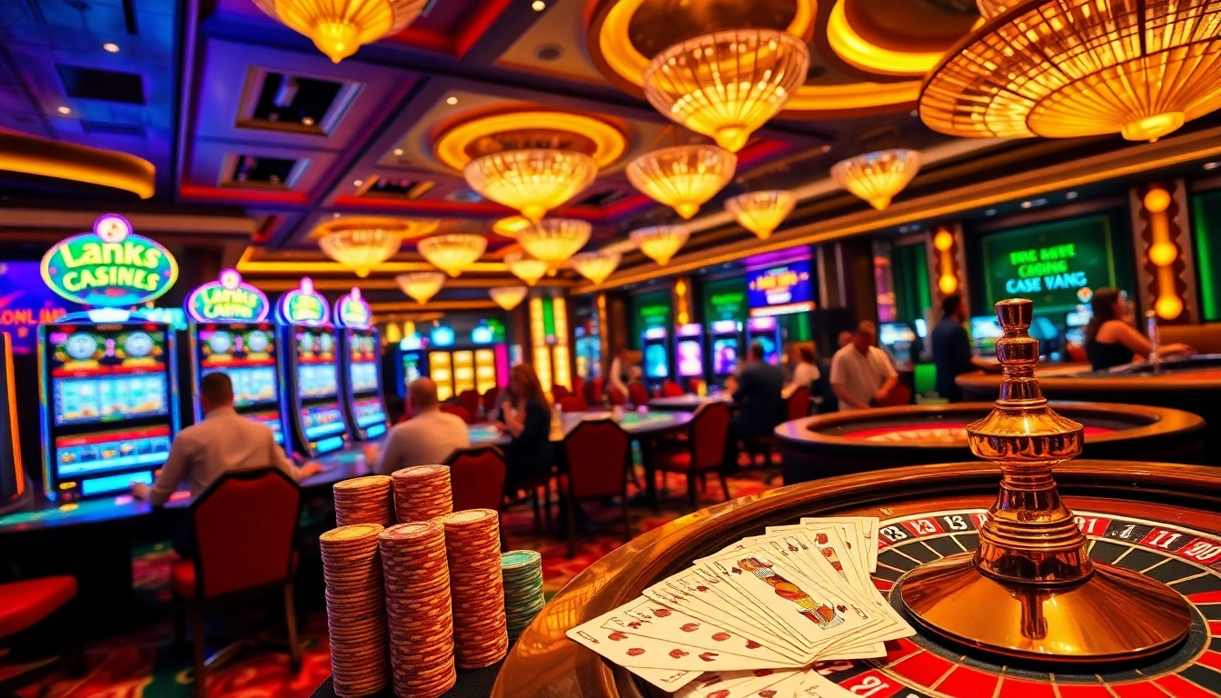 Luck8 players enjoying a thrilling casino experience with vibrant slot machines and poker tables.