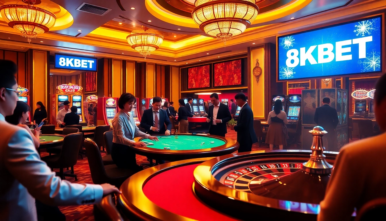Experience thrilling gameplay at 8KBET casino with vibrant tables, chips, and engaging players.