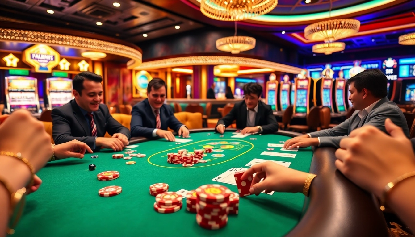 Excited players engaging in a thrilling 88i game of poker at a luxurious casino table.