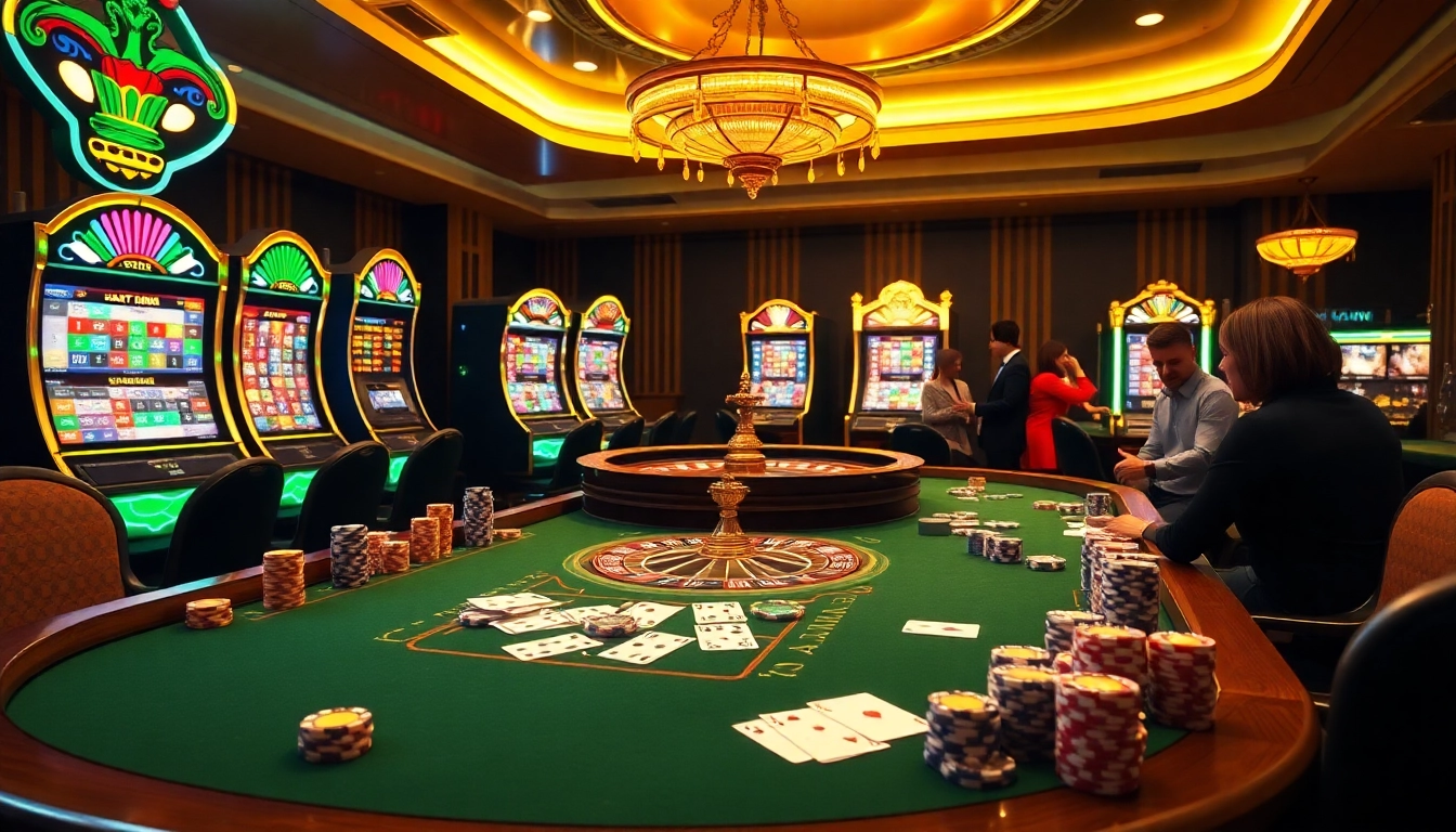 Exciting online gambling scene at home eejl with casino table, poker chips, and roulette wheel.