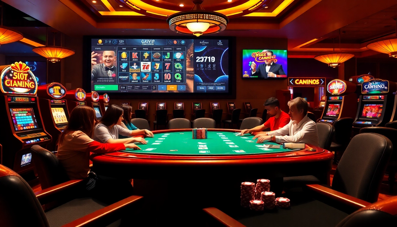 Experience the excitement at Nhà cái GAVIP999 with an elegant casino scene featuring poker and slot machines.