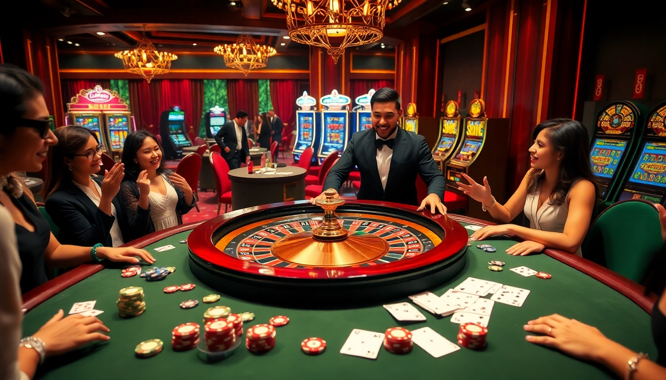 Excited players engaging in a high-stakes game at the 58win casino, showcasing vibrant roulette and poker elements.