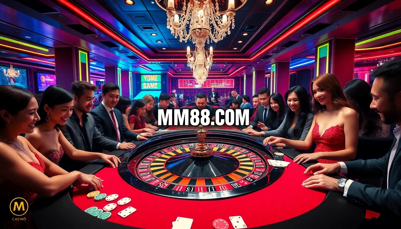 Captivating casino scene showcasing MM88.COM with players at a roulette table.