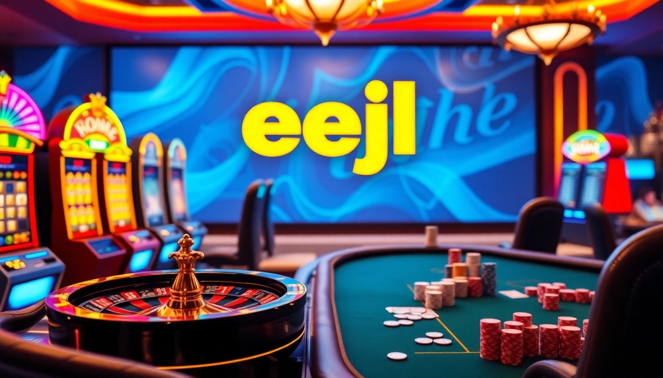 Engage with thrilling games at home eejl's vibrant online casino featuring slot machines and a roulette wheel.