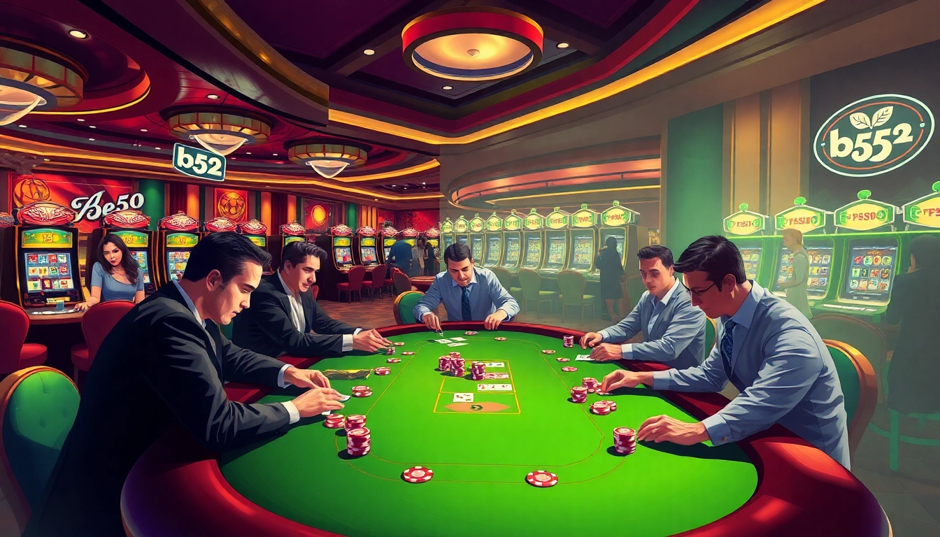 Players strategizing at a poker table in a vibrant casino with b52 branding.