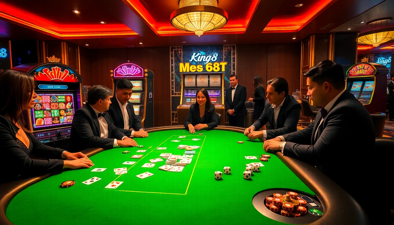 Players enjoying a thrilling game at King88 casino with poker chips and roulette wheels in action.