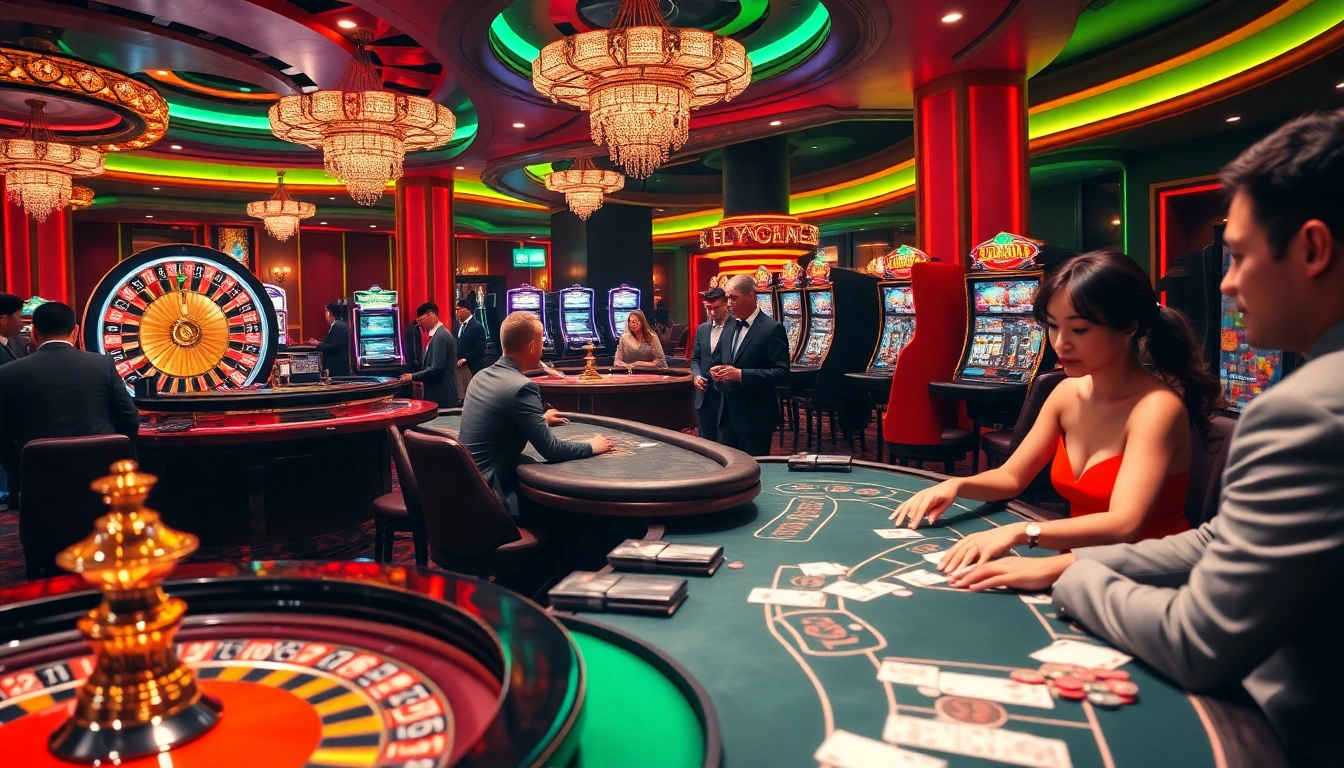 Exciting gaming action at FLY88 Link featuring a vibrant casino atmosphere with roulette and poker tables.