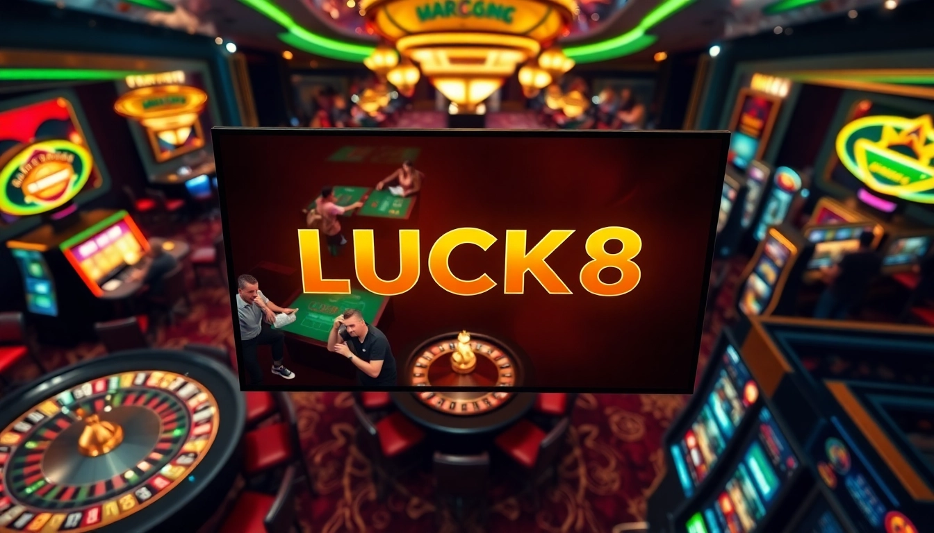 LUCK8 mang đến không gian casino sôi động với người chơi đang tham gia roulette và máy đánh bạc.