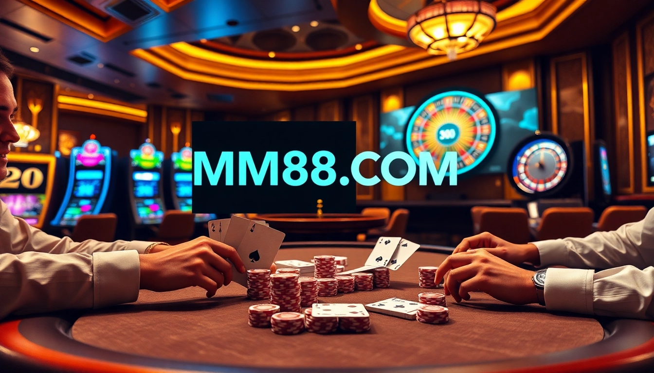 Experience thrill at MM88.COM with a luxurious poker table showcasing high-quality chips and cards.