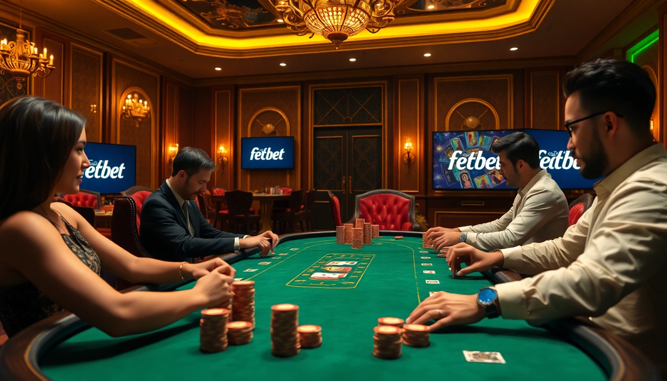 Players engage in a thrilling poker game at a luxurious febet casino.