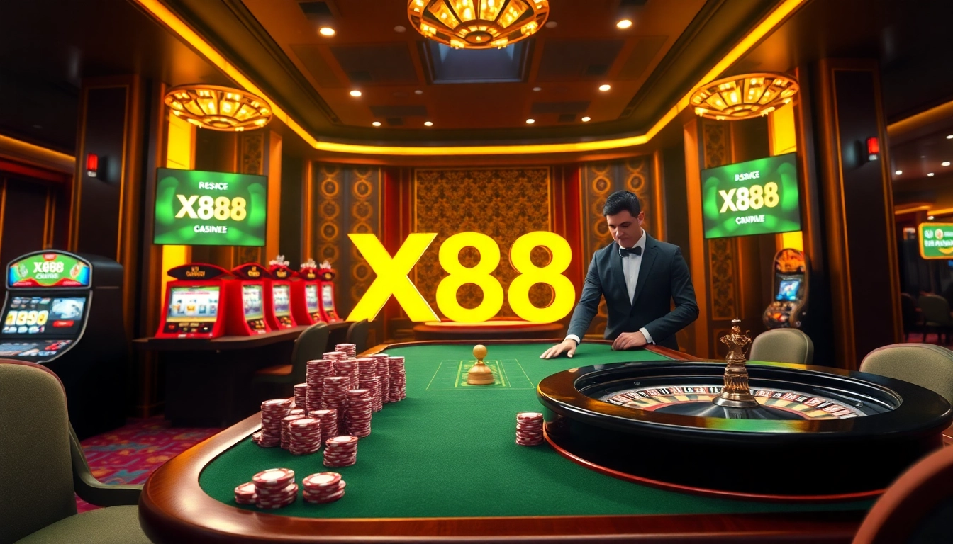 X88 offers a thrilling casino experience with elegant poker tables and vibrant slot machines.