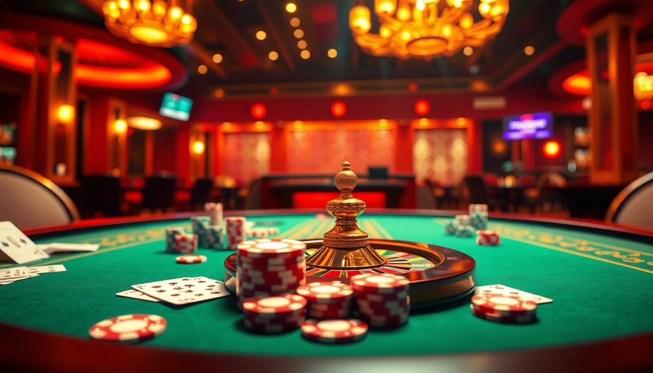 Engage in thrilling games at cổng game 789club with vibrant casino elements like poker chips and a roulette wheel.