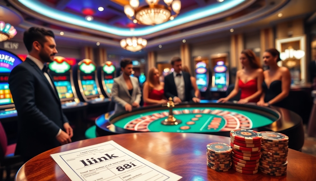 Excited players engaging around the roulette table at a casino, promoting link 88i opportunities.