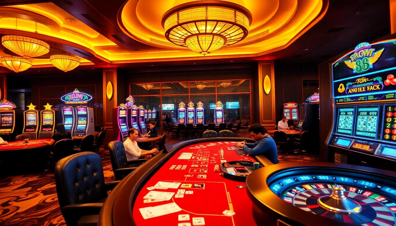 Players engaging in high-stakes gaming at new 88 casino, featuring poker tables and vibrant slot machines.