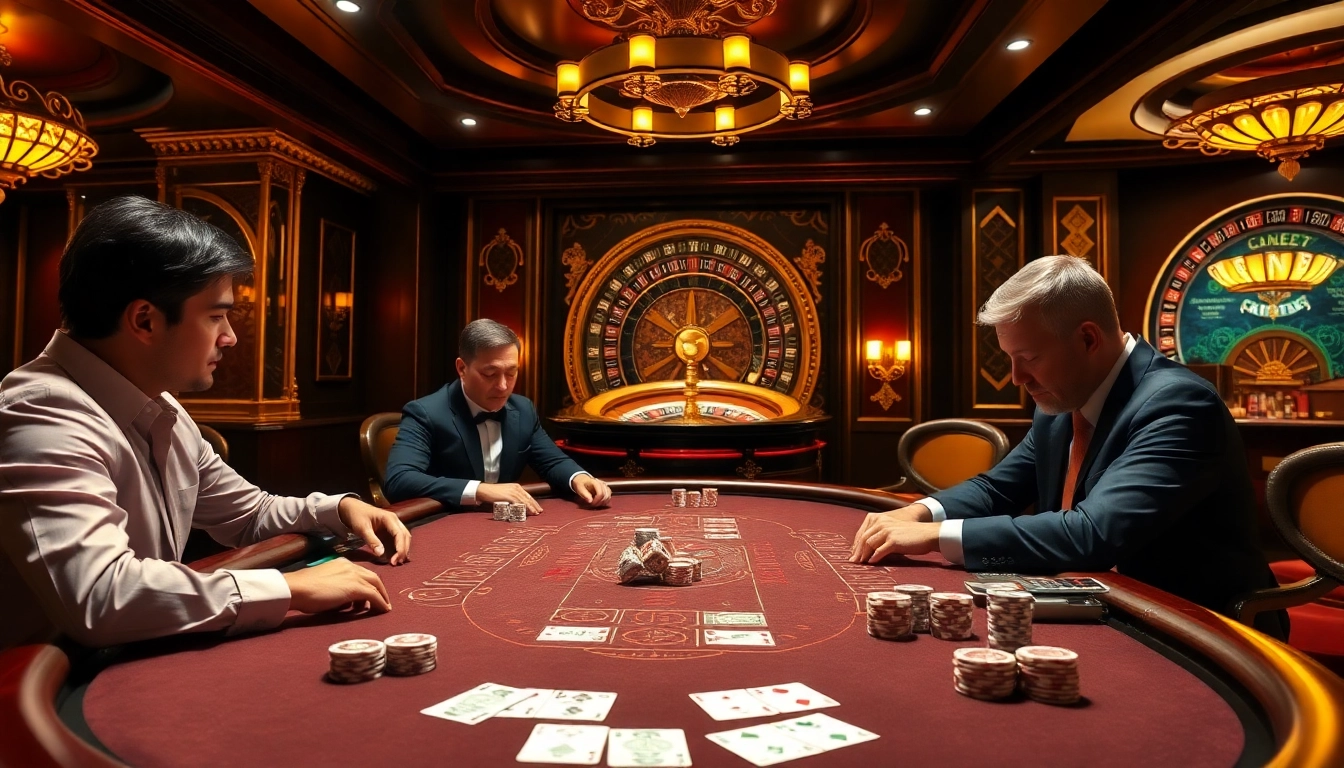 Players engaging in a high-stakes game at Nhà cái KK55 blackjack table, illuminated by vibrant lights.