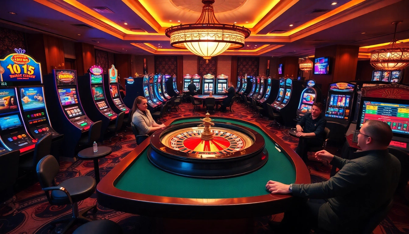 Exciting gaming action at nohu.business featuring vibrant slot machines and energetic poker players.