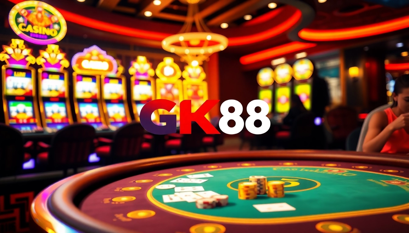 Players enjoying games at GK88 casino with vibrant tables and slot machines, showcasing excitement.